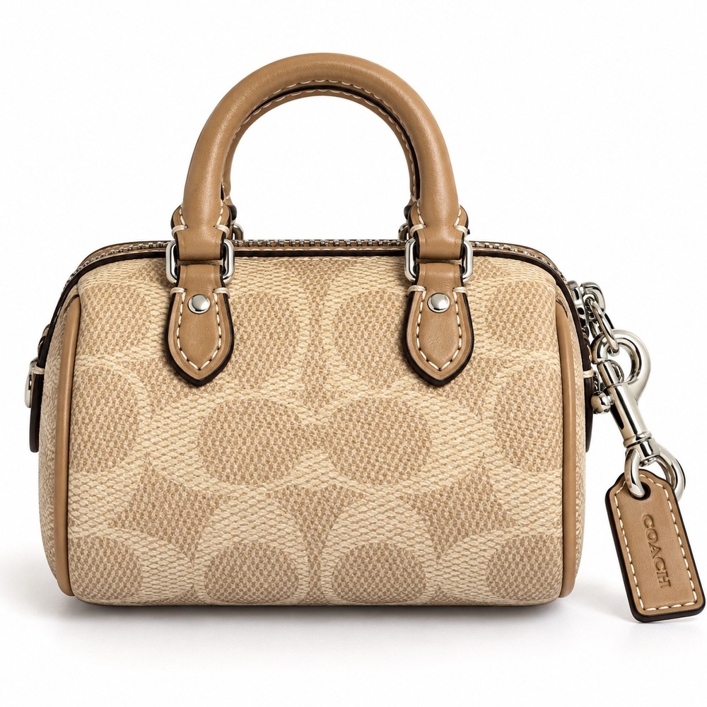 Coach Mini Rowan Satchel Bag Charm Signature Canvas Sand Taupe Silver CX068 NWOT